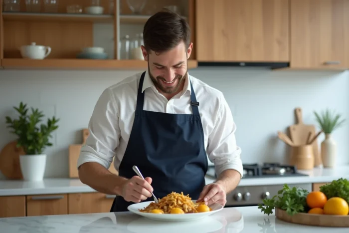 Homme préparant un plat surgelé de qualité dans une cuisine moderne à domicile