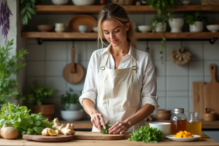Femme préparant des remèdes naturels avec des herbes fraîches, du gingembre et du curcuma dans une cuisine rustique, symbole de la guérison naturelle au quotidien