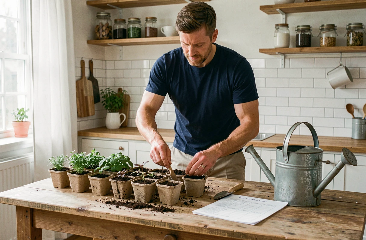 Homme préparant des semis en godets biodégradables sur une table en bois dans une cuisine rustique