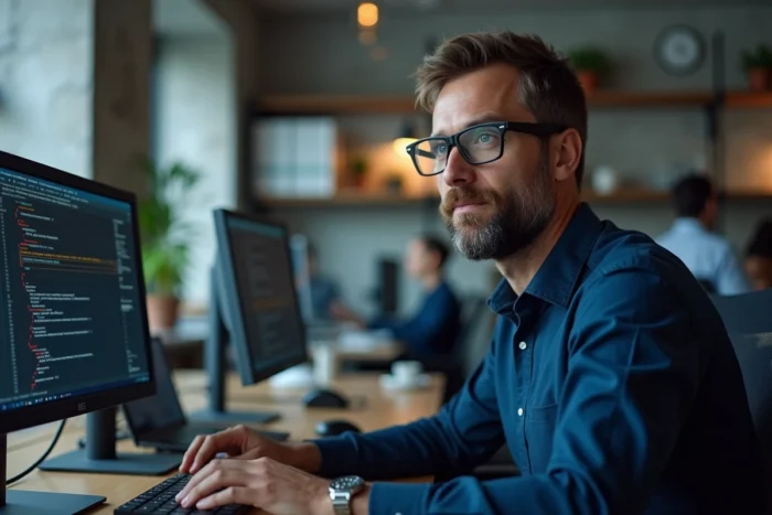 Professionnel en bureau open space consultant des paramètres réseau pour résoudre un problème d'accès à un site web