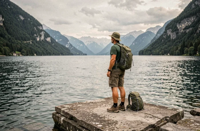 Randonneur observant le lac du Bourget depuis un rocher dans une crique isolée, paysage alpin en arrière-plan