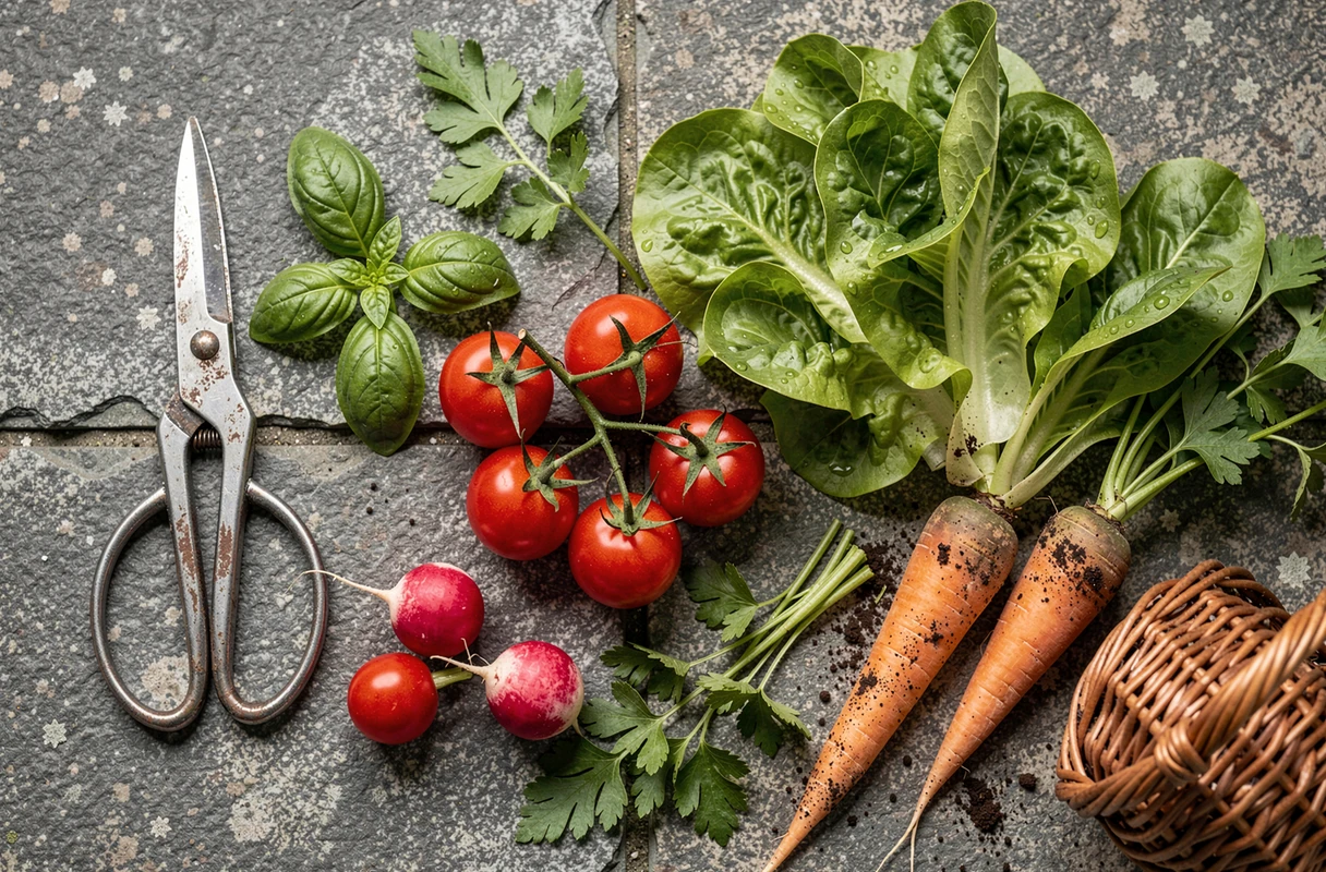 Récolte de légumes frais du potager maison disposés en flat-lay sur une surface en pierre grise