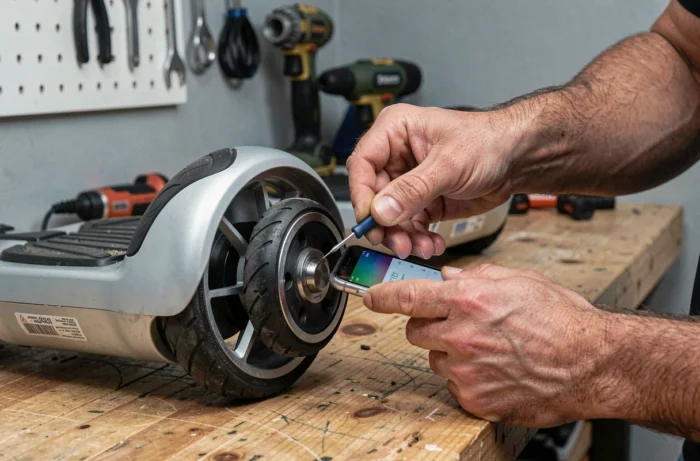 Mains masculines réglant et calibrant un hoverboard sur un établi dans un atelier de garage