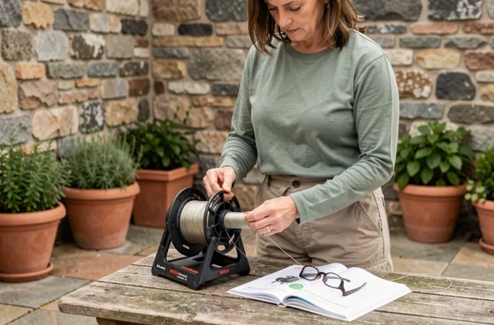 Femme remplaçant le fil de sa débroussailleuse Bosch AdvancedGrassCut 36 sur une terrasse avec le manuel d'utilisation