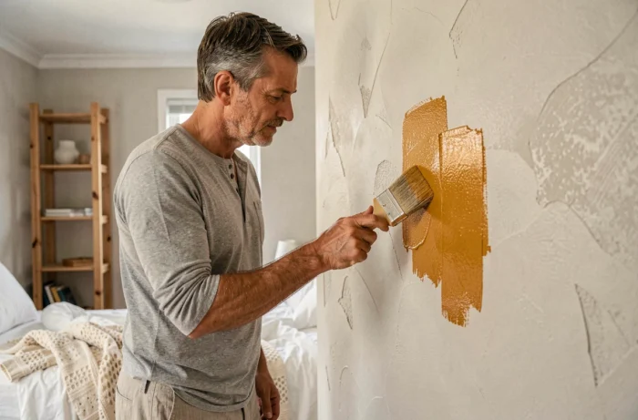 Homme testant une peinture ocre sur un mur de chambre en cours de rénovation intérieure