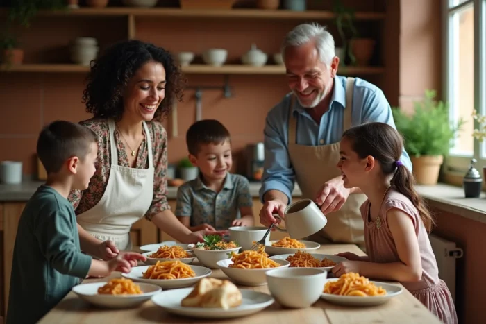 Famille réunie autour d'un repas fait maison dans une cuisine conviviale, partageant un moment de complicité et de joie au quotidien