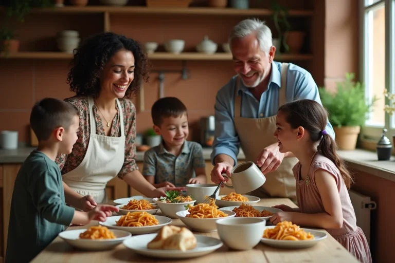 Famille réunie autour d'un repas fait maison dans une cuisine conviviale, partageant un moment de complicité et de joie au quotidien
