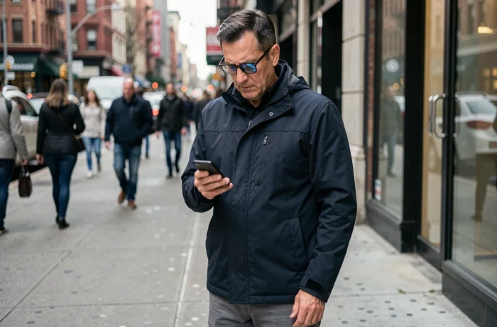 Homme consultant son smartphone dans une rue animée avec une expression préoccupée liée à la réputation numérique