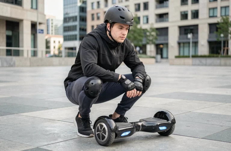 Jeune homme équipé d'un casque et de protections inspectant son hoverboard sur une place urbaine en béton
