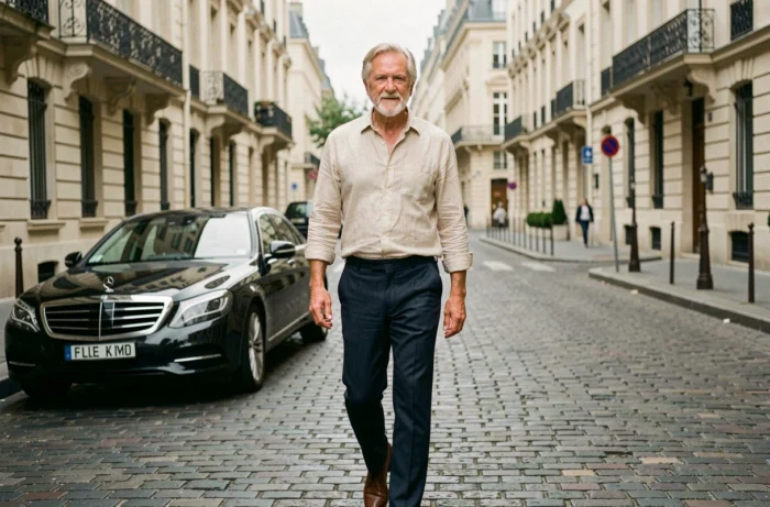 Célèbre chanteur français se promenant dans une rue parisienne chic avec voiture de luxe en arrière-plan, illustration de son niveau de vie et de sa notoriété