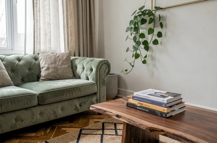 Salon cosy avec canapé velours vert sauge, table en noyer et plante retombante dans un intérieur design