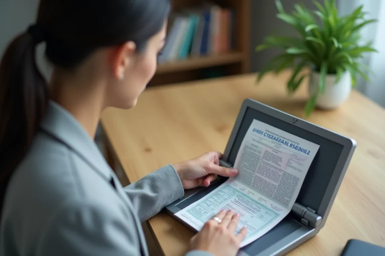 Femme scannant la page biographique de son passeport sur un scanner à plat dans un bureau à domicile