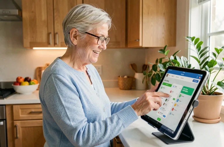 Senior femme souriante utilisant une tablette tactile pour gérer son quotidien en autonomie dans une cuisine moderne