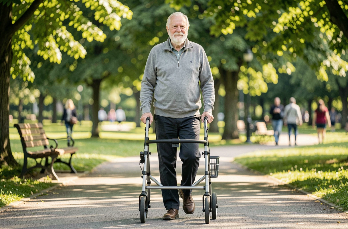 Homme senior marchant en autonomie dans un parc avec un déambulateur moderne, symbole de mobilité et d'indépendance