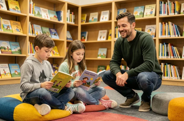 Un groupe d'enfants d'âges divers lisant avec un mentor bienveillant dans un espace bibliothèque moderne, illustrant l'importance du soutien éducatif et du parrainage