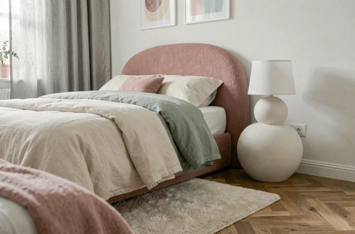 Chambre moderne avec tête de lit arrondie en bouclé rose et table de chevet bubble illustrant la déco chubby