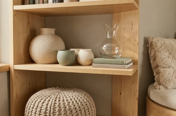 Étagère décorative avec vases arrondis en grès, bol céramique et pouf chunky illustrant les accessoires tendance chubby