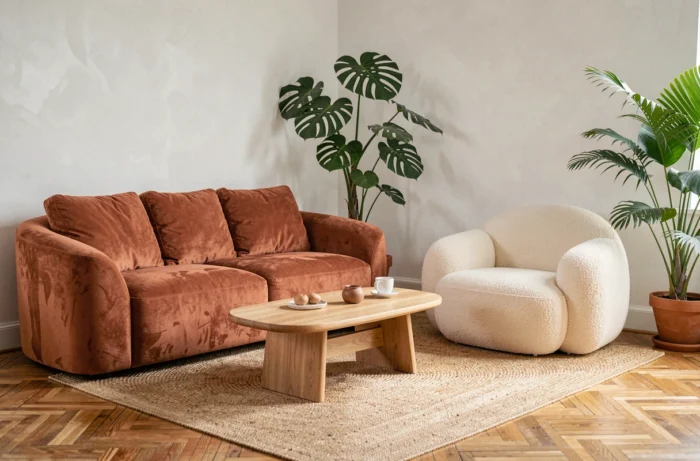 Salon cosy avec canapé arrondi en velours terracotta et fauteuil bouclé crème illustrant la tendance chubby en décoration intérieure