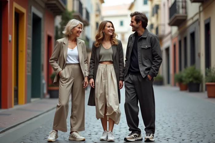 Groupe d'amis aux styles vestimentaires variés et créatifs riant ensemble dans une rue piétonne colorée
