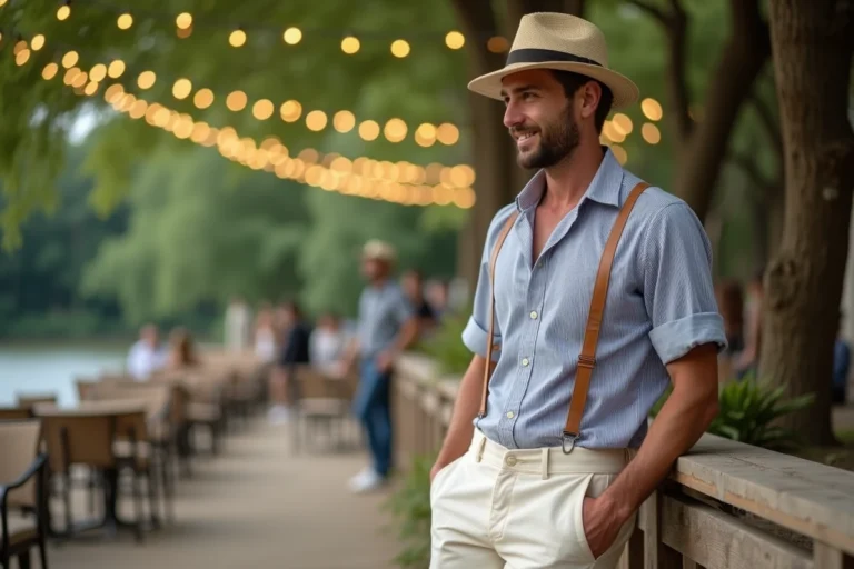 Homme élégant en tenue guinguette rétro – pantalon lin crème, chemise marinière et canotier en bord de Seine