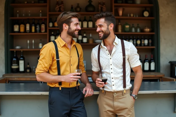 Deux hommes en tenue guinguette vintage avec bretelles et chemises rétro devant un bar en zinc