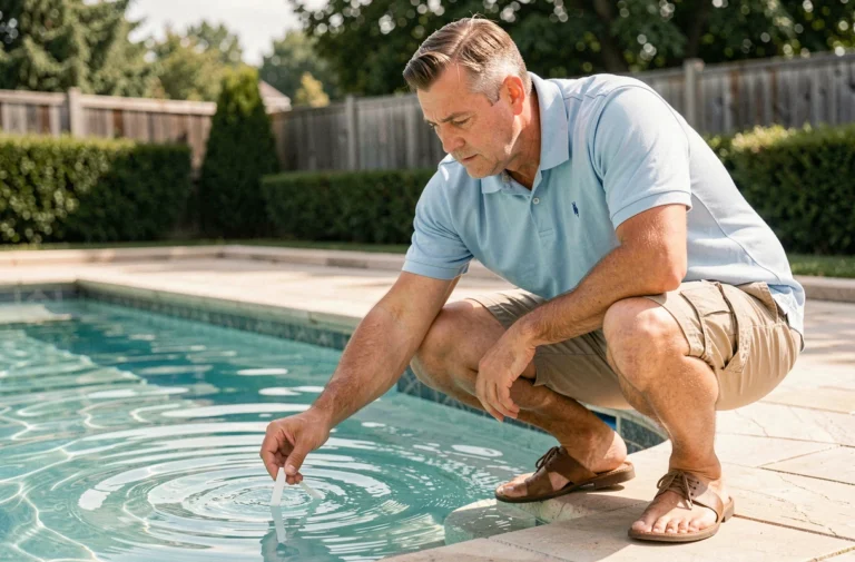 Homme testant le taux de CYA de sa piscine avec une bandelette de test au bord d'un bassin résidentiel