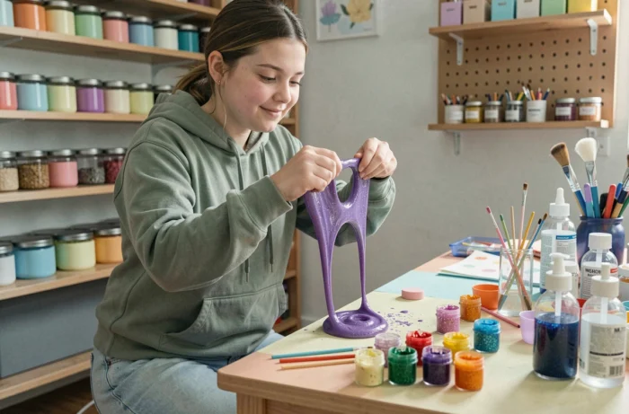 Adolescente testant la consistance d'un slime violet épaissi entre ses mains, entourée de fournitures créatives sur un bureau de chambre