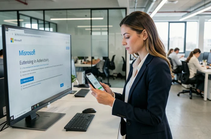 Femme professionnelle validant un code de sécurité Microsoft sur smartphone en entreprise