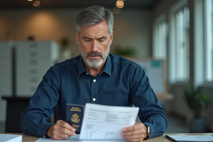 Homme vérifiant la page d'identité de son passeport avec une liste de documents dans un bureau administratif