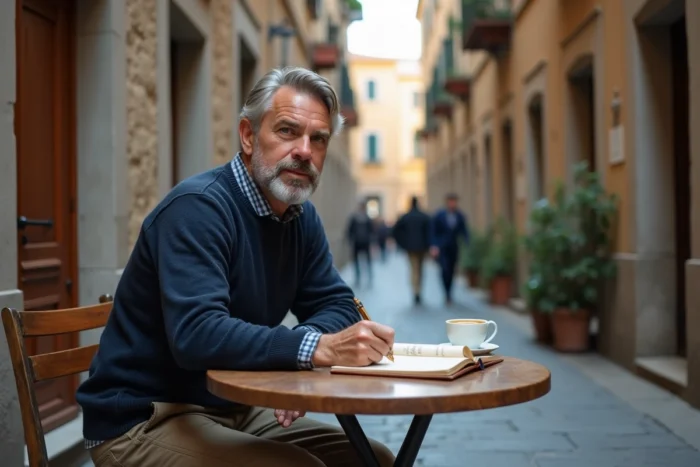 Voyageur écrivant dans un journal de voyage en cuir dans une ruelle pavée d'une vieille ville européenne