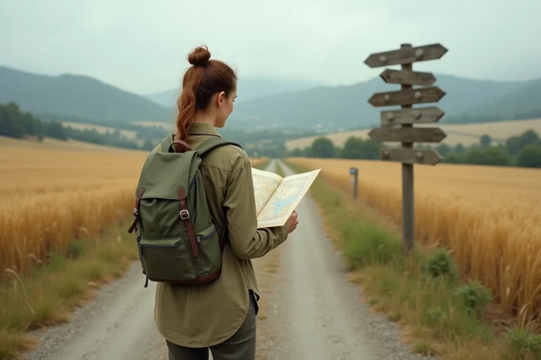 Voyageuse solitaire consultant une carte papier à un carrefour de campagne avec sac à dos, symbole du voyage en liberté